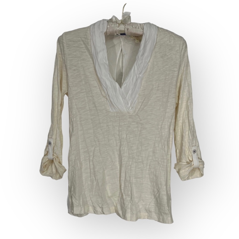 Deletta White Blouse Anthro Ecru Cream Cross-Back Flowy Roll Tab 100% Cotton XS